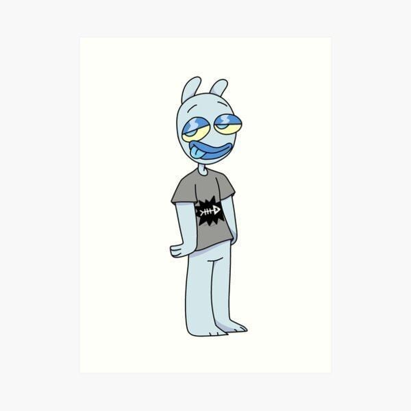 A fictional character that represents DingDongVG with blue and yellow eyes and blue lips while wearing a gray t-shirt