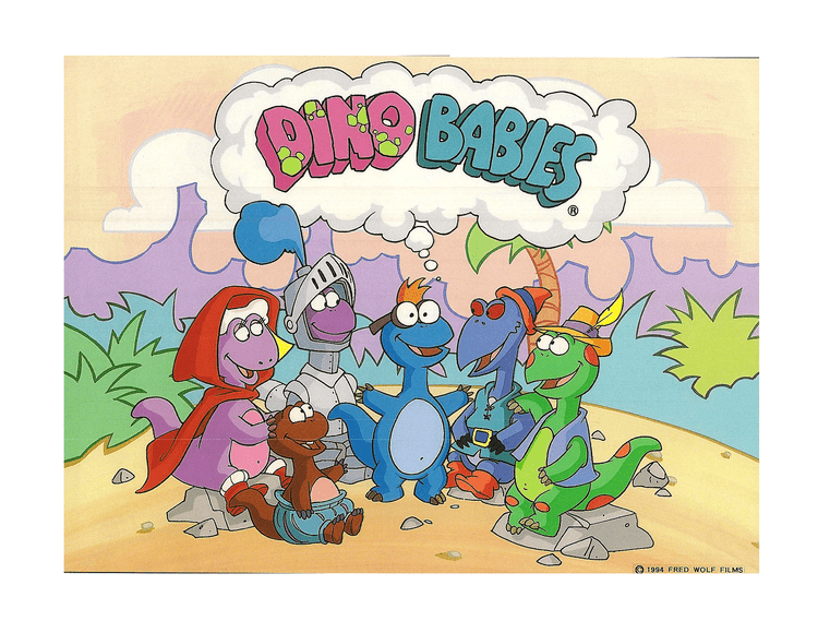 LaBrea, Marshall, Franklin, Truman, Dak, and Stanley (left to right) are all smiling in the title poster of the 1994 children's animated television series, Dino Babies