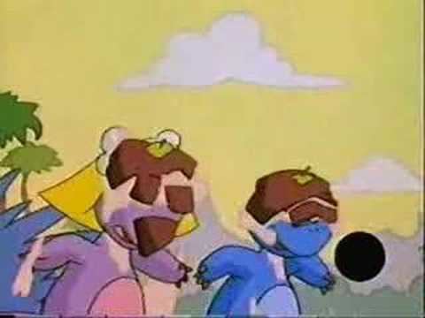 LaBrea and Truman with a cover on their faces in a scene from the 1994 children's animated television series, Dino Babies