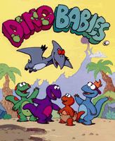 Stanley, Franklin, Marshall, Truman, (left to right) are smiling while looking at Dak (top) in the Title poster of the 1994 children's animated television series, Dino Babies