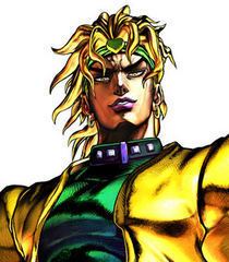 Dio Brando, is a fictional character in a Japanese manga series with a fierce look, yellow hair, and wearing a yellow and green top.