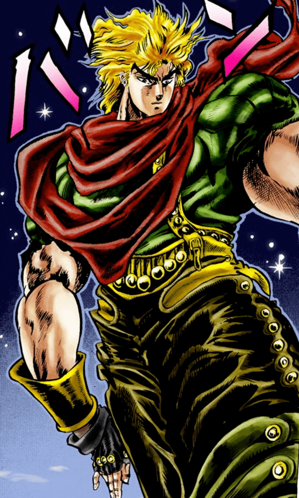 Dio Brando Dio, is a fictional character in a Japanese manga series, JoJo's Bizarre Adventure, with yellow hair, wearing a red scarf, green shirt, yellow and black pants, and black gloves.