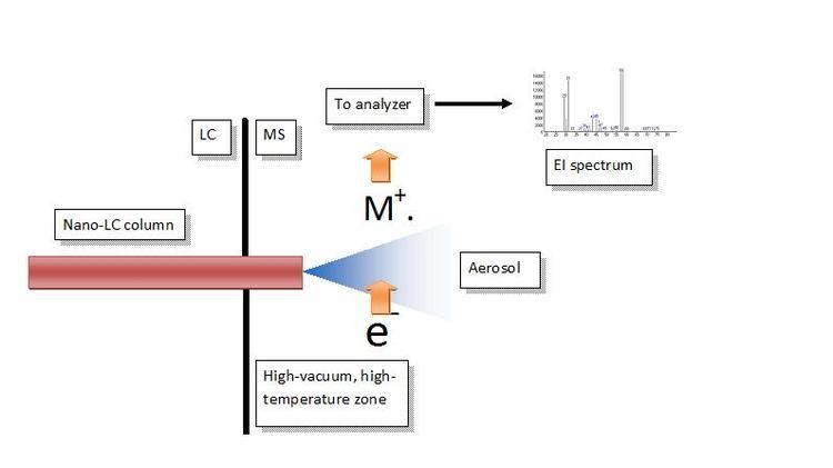 Direct electron ionization liquid chromatography–mass spectrometry interface