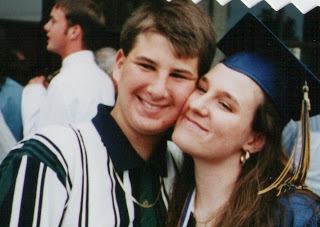 Zebb Quinn smiling while wearing a striped polo shirt and his sister, Brandi smiling and wearing an academic dress