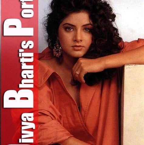 Poster of Divya Bharti with curly black hair, wearing earrings, a ring, and an orange dress.