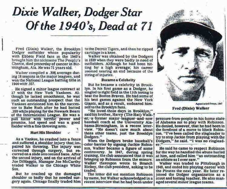 Dixie Walker TheDeadballEracom Dixie Walker39s Obit