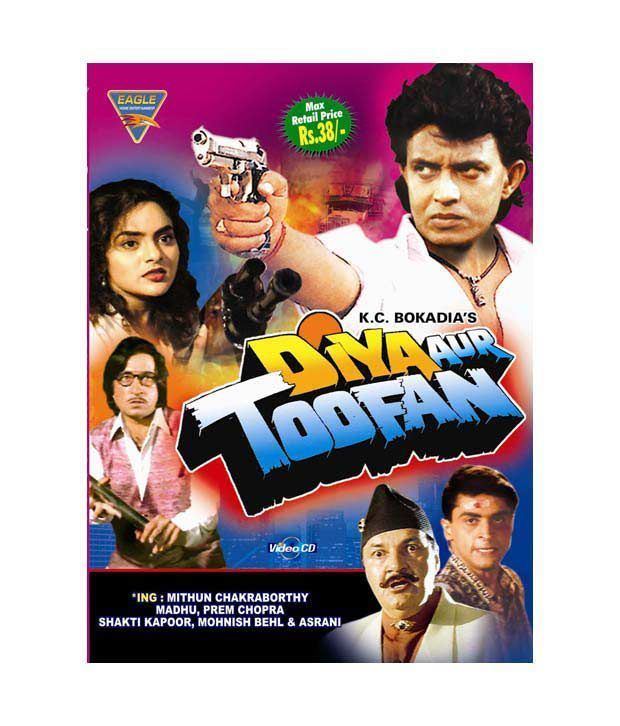 Poster of Diya Aur Toofan, featuring the casts, Mithun Chakraborty as Amar, Madhoo as Asha, Shakti Kapoor as Madanlal Tabedaar, and Asrani as Solanki.