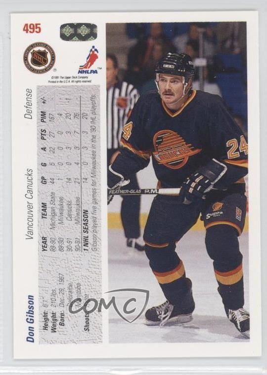Don Gibson (ice hockey) 199192 Upper Deck 495 Don Gibson Vancouver Canucks RC Rookie