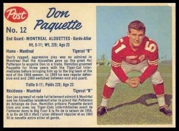 Don Paquette Don Paquette 1962 Post CFL 12 Vintage Football Card Gallery