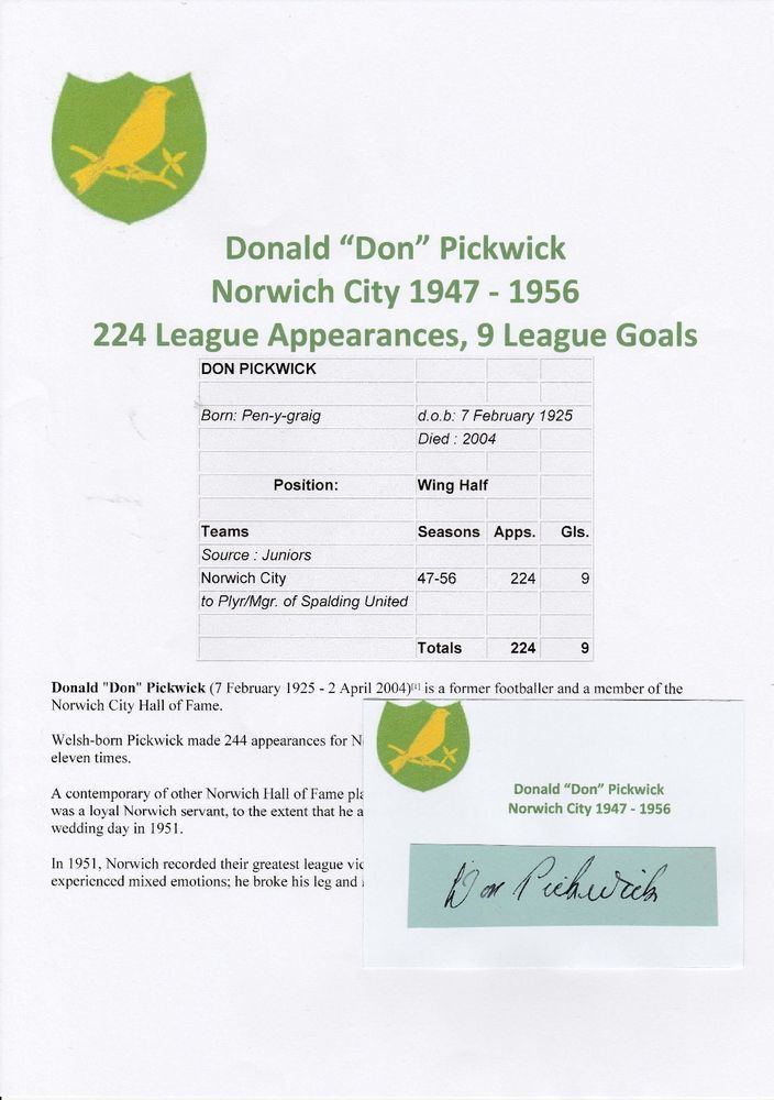 Don Pickwick DON PICKWICK NORWICH CITY 19471956 RARE ORIGINAL HAND SIGNED