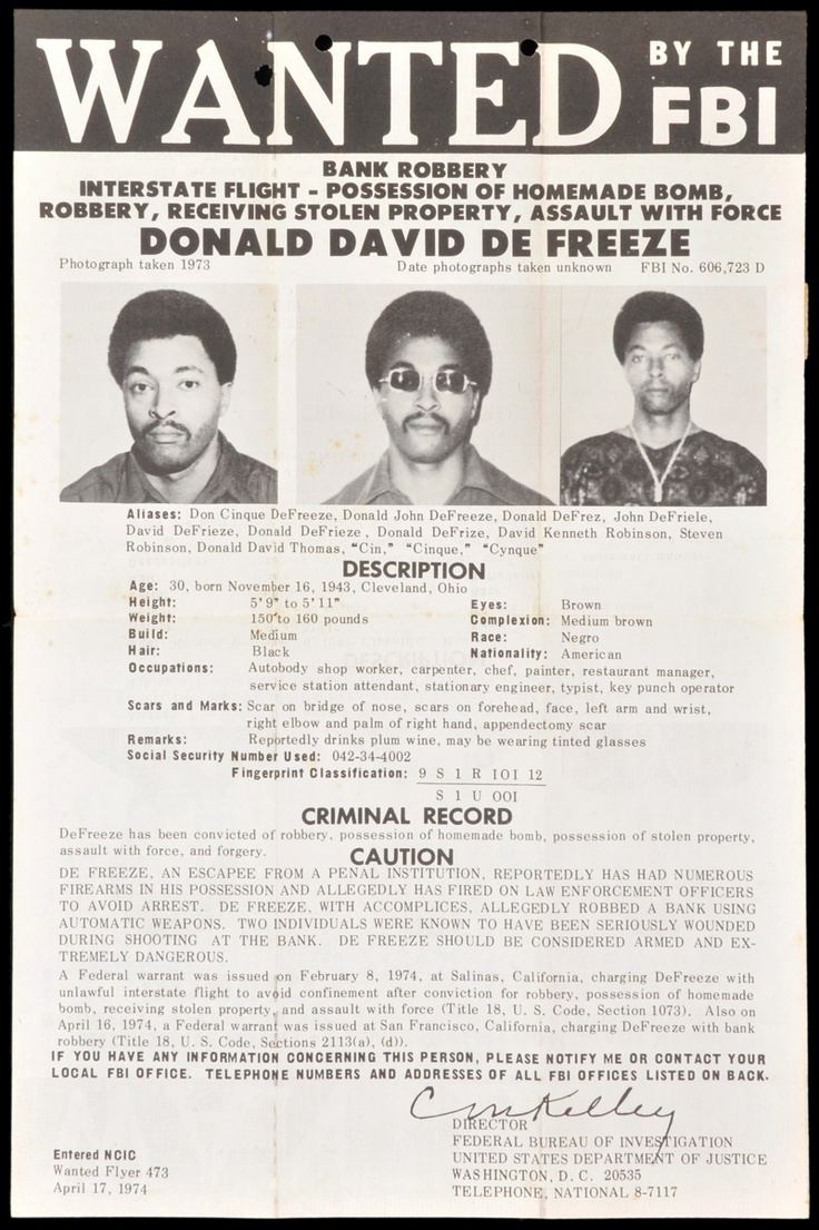 Donald DeFreeze FBI Wanted Poster for Donald DeFreeze aka Cinque Mtume