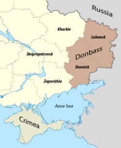 Map showing the Donbass in Ukraine with its surrounding regions.