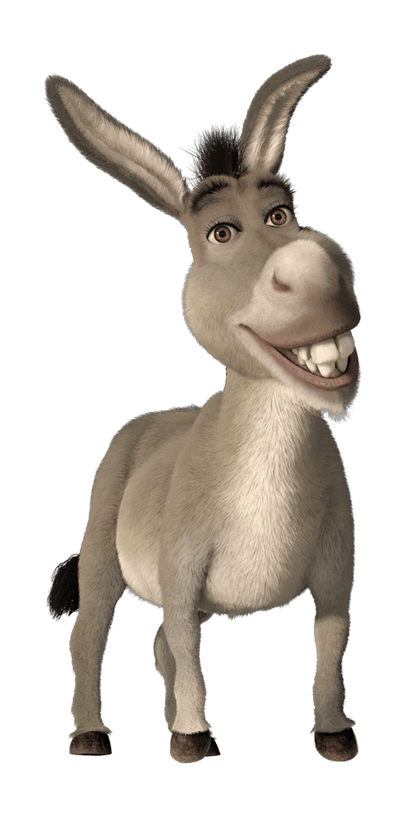 Donkey smiling, a gray donkey with brown eyes and a black mane fictional character in the film series Shrek