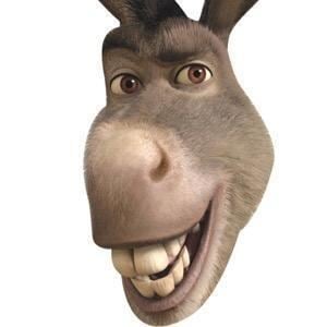 Donkey smiling, a gray donkey with brown eyes and a black mane fictional character in the film series Shrek