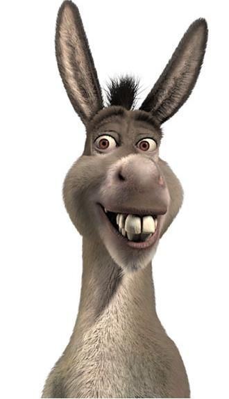 Donkey smiling, a gray donkey with brown eyes and a black mane fictional character in the film series Shrek