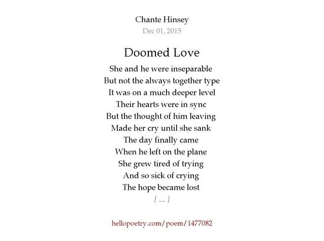 Doomed Love Doomed Love by Chante Hinsey Hello Poetry