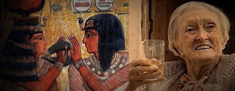 On the left, wall relief of The Goddess Hathor and Seti I while on the right, Dorothy Eady smiling and holding a glass of water