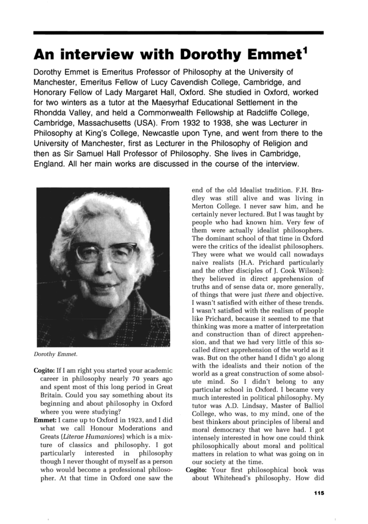 Dorothy Emmet An Interview with Dorothy Emmet Cogito Philosophy Documentation