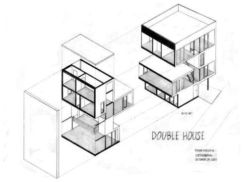 An architects sketch of a Double House as seen from an upper angle.