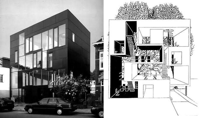 On left, a Double House in an urban setting with cars visible. On right, an interior sketch of a Double House as seen from the side.