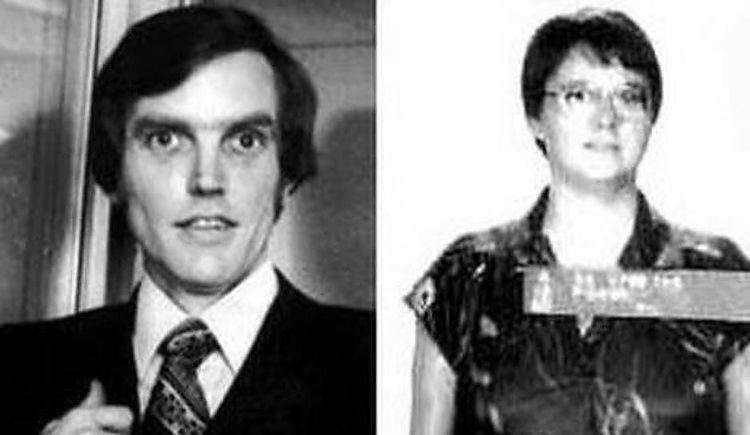 On left, Doug Clark wearing a black suit and tie. On right, Carol Bundy posing in her mugshot wearing eyeglasses and a black shirt. Together, they were the sunset killers.