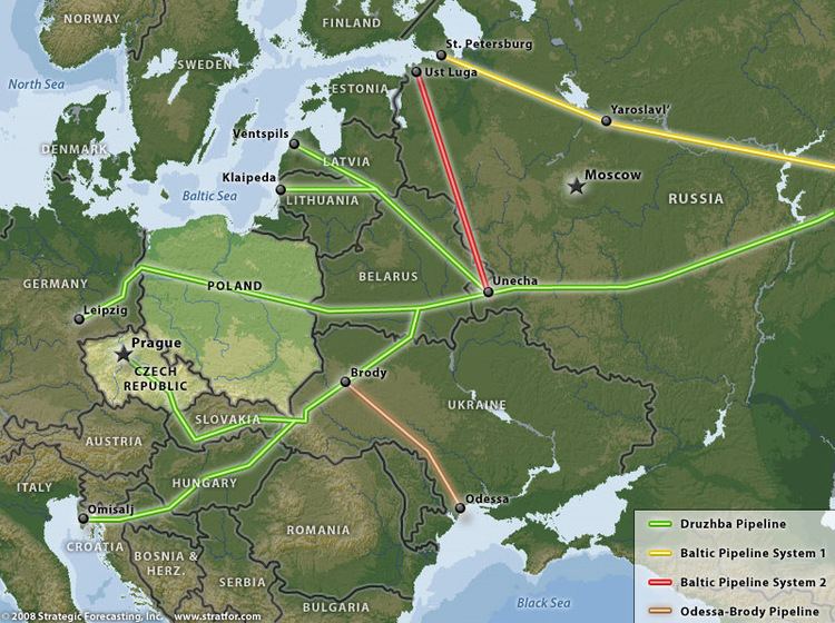 Druzhba pipeline map that points in Ukraine, Belarus, Poland, Hungary, Slovakia, the Czech Republic, and Germany. The green line represents the Druzhba pipeline, the yellow line represents Baltic Pipeline System 1, the red line represents Baltic Pipeline System 2, while the orange line represents Odessa-Brody Pipeline