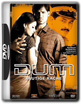 Vivek Oberoi hugging Dia Mirza while Atul Kulkarni wearing a peaked cap on the DVD cover of the 2003 Indian Hindi-language action film, Dum