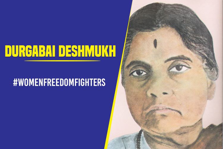 A sketch of Durgabai Deshmukh (July 15, 1909- May 9, 1981) looking serious having gray hair and a tika on her forehead on the left side and a hashtag womenfreedomfighter and Durgabai wearing a white and red saree and a bead necklace