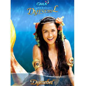 Marian Rivera smiling while wearing headdress and mermaid tail in the tv poster of Dyesebel (2008 TV series)