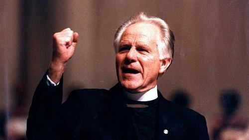 Earl Paulk, an American televangelist, with his  clenched fist during his talk