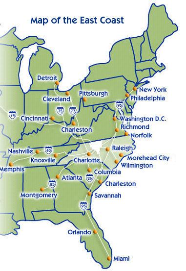Map of the East Coast of the United States showing the cities of each state