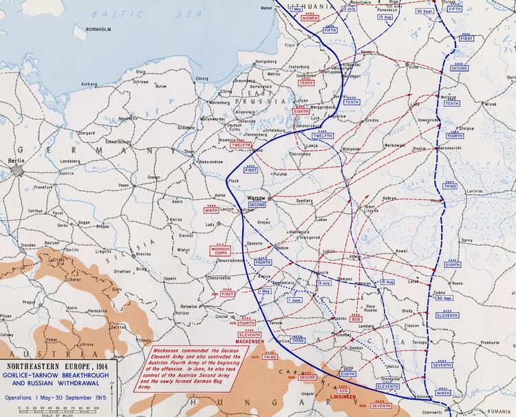 A historical map showing the part of Northeastern Europe during World War I with Gorlice-Ranow Breakthrough and Russian Withdrawal.