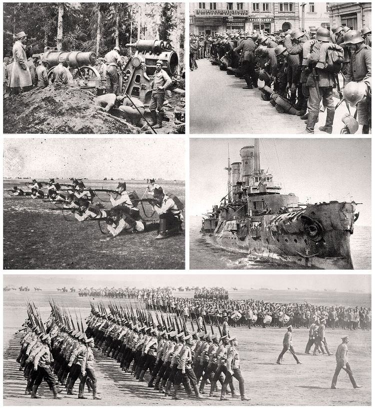 Clockwise from top left: Soldiers stationed in the Carpathian Mountains in 1915, German soldiers in Kyiv in March 1918, the Russian ship Slava in October 1917, Russian infantry in 1914, and the Romanian infantry.