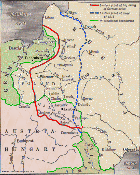 A historical map of the Eastern Front showing spanned from the Baltic Sea to the Romanian border, pitting Russia against both Germany and Austria-Hungary.