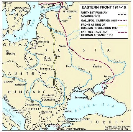 A historical map of the Eastern Front during World War I