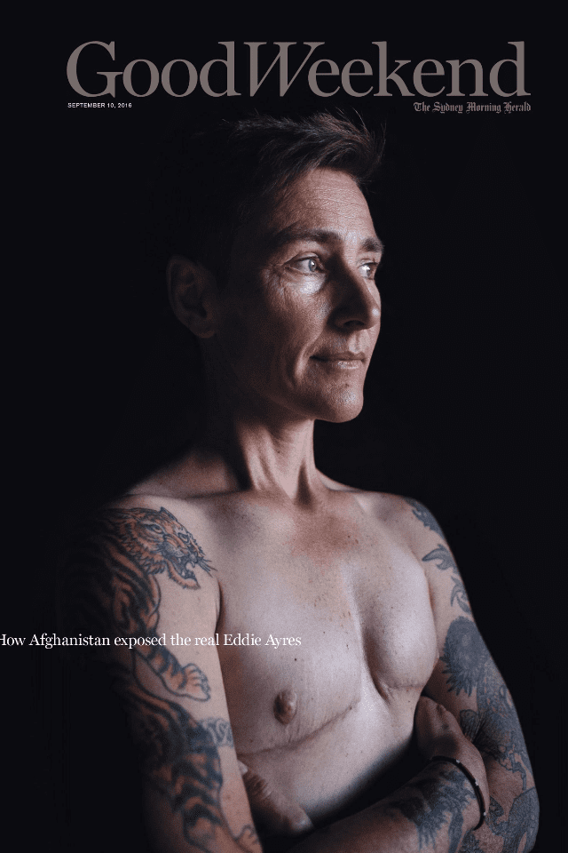 Eddie Ayres featured in Good Weekend Magazine topless with tattoos on both arms