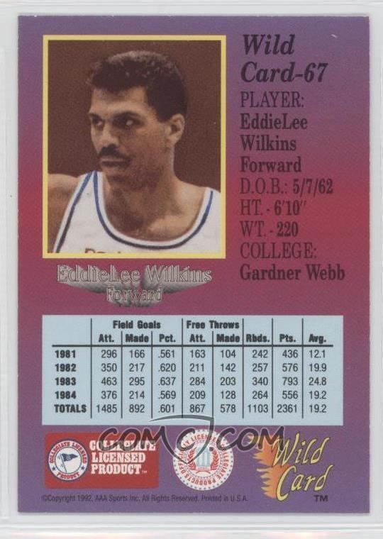 Eddie Lee Wilkins 1992 Wild Card Collegiate Base 100 Stripe 67 Eddie Lee