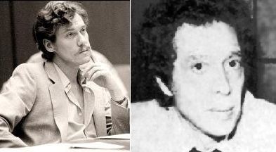 John Holmes on left is serious, his left hand on his chin, in front is a table with papers, has black curly hair, and a mustache, wearing white long sleeves under a light brown suit. Eddie Nash on right is serious, has black curly hair, wearing white long sleeves.