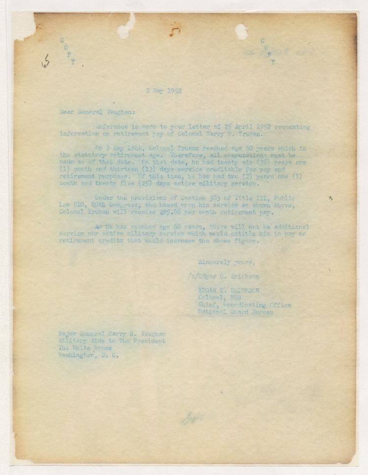 Edgar C. Erickson Memorandum from Colonel Edgar C Erickson to Major General Harry H