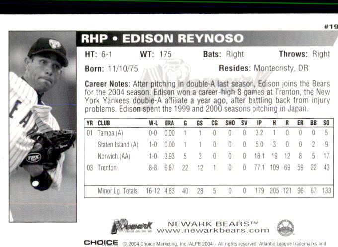 Edison Reynoso 2004 Newark Bears 19 Edison Reynoso Dominican Republic DR Baseball