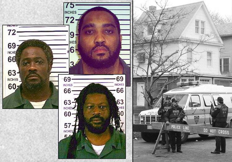 On the left, mug shots of the murderers of Edward Byrne, David McClary, Todd Scott, and Howard Mason with serious faces. On the right, a patrol car and police officers at the crime scene where Edward Byrne was shot and killed from ambush.