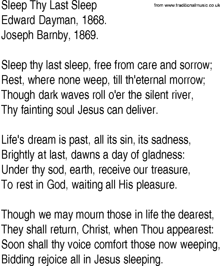 Edward Dayman Hymn and Gospel Song Lyrics for Sleep Thy Last Sleep by Edward Dayman