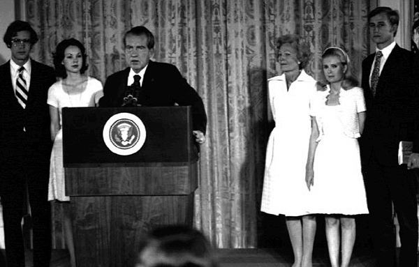 Edward F. Cox at the right corner appearing at the president's side during some of the nation's most pivotal moments, including Nixon's teary farewell address in 1974