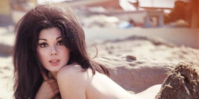 Edwige Fenech posing naked in the ground with thick black hair.