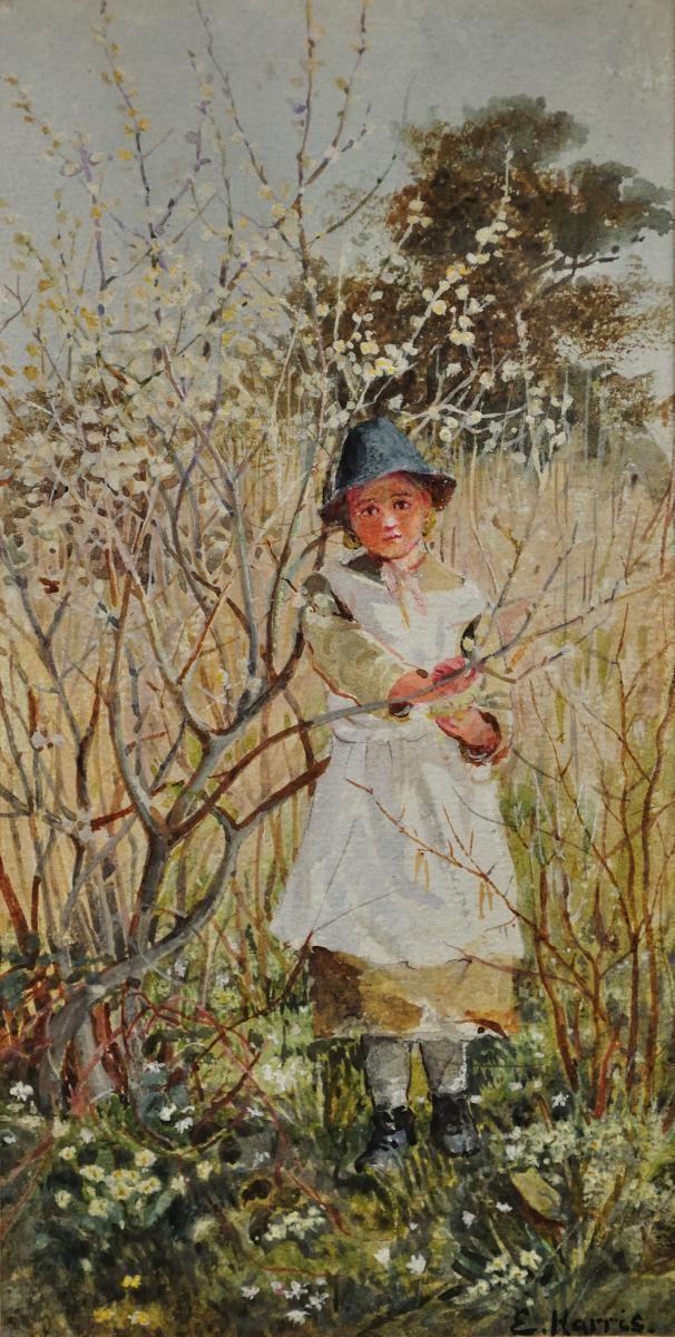 Edwin Harris Edwin Harris Young girl picking blossom Watercolour