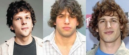 Jesse Eisenberg, Efraim Diveroli, and Andy Samberg smiling and having the same wavy hairstyle
