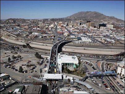 El Paso–Juárez Aerial photo shows the Santa Fe bridge that links the Mexican city