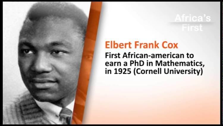 Poster featuring Elbert Frank Cox, the first African-American to earn a Ph.D. in Mathematics in 1925 at Cornell University. Elbert with a tight-lipped smile, wearing a striped coat over white long sleeves, and a necktie.