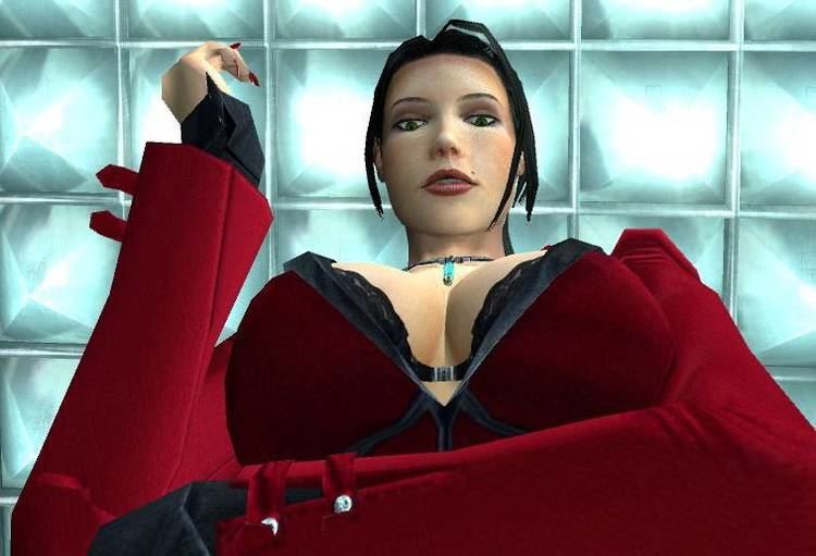 Elexis Sinclaire wearing a red long sleeves blouse, black brassiere, and necklace in the 2006 video game, SiN Episodes: Emergence