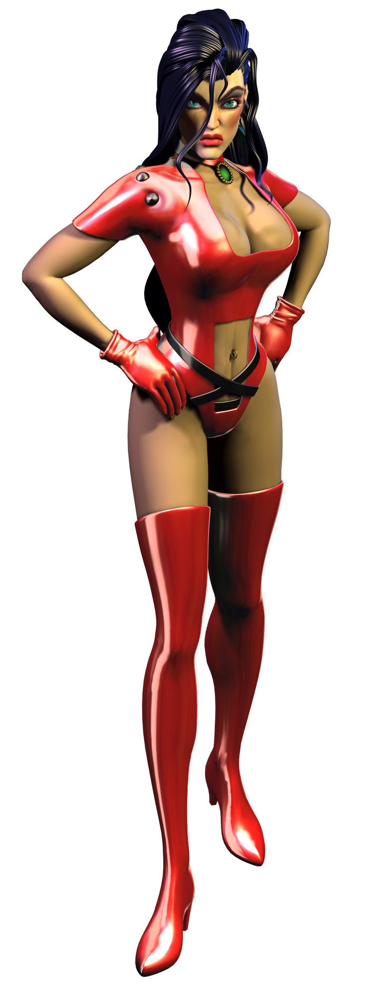 Elexis Sinclaire with an angry face while wearing a red bodysuit, red gloves, and red boots